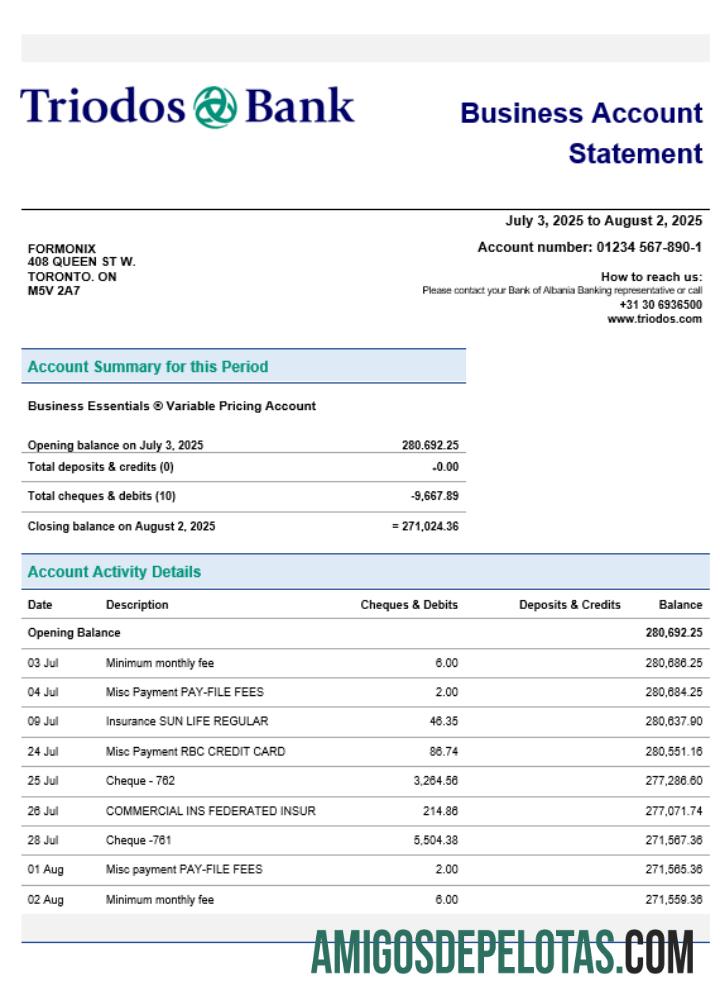 Triodos Bank Business Firm Extrato de conta Word Snd formato PDF exemplo real